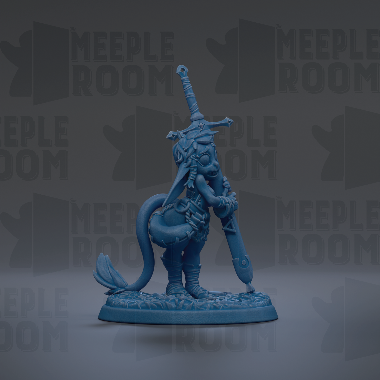 A blue figurine of a fantastical creature, possibly a dragon or unicorn, holding a sword and standing on a base.