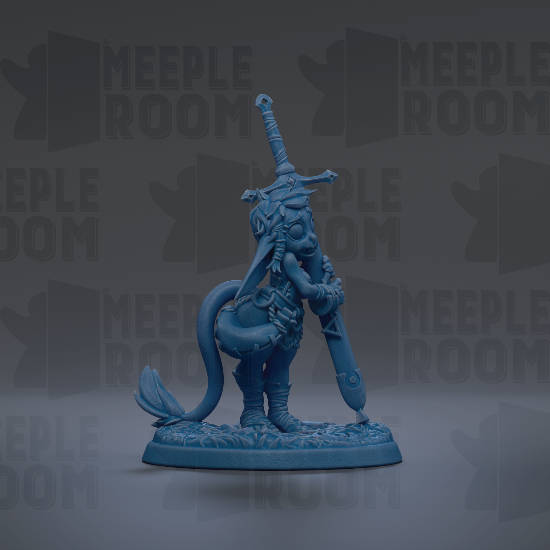 A blue figurine of a fantastical creature, possibly a dragon or unicorn, holding a sword and standing on a base.