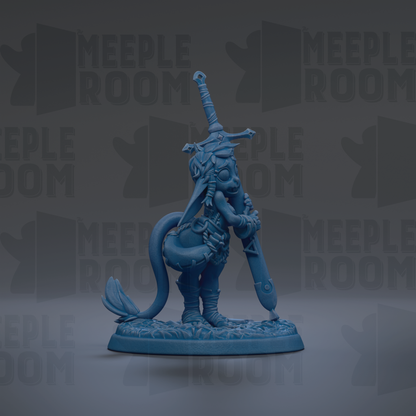 A blue figurine of a fantastical creature, possibly a dragon or unicorn, holding a sword and standing on a base.