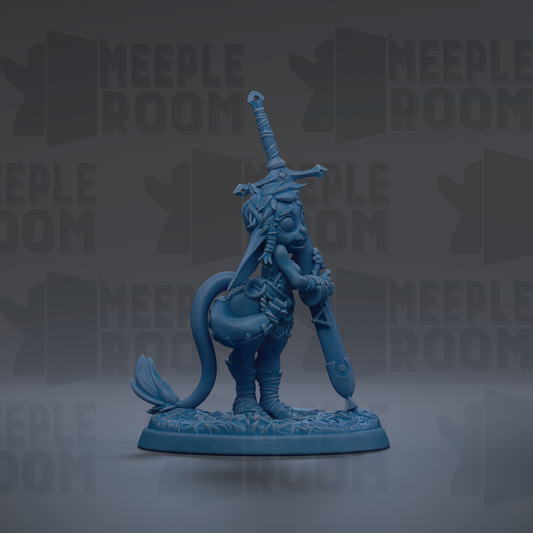 A blue figurine of a fantastical creature, possibly a dragon or unicorn, holding a sword and standing on a base.