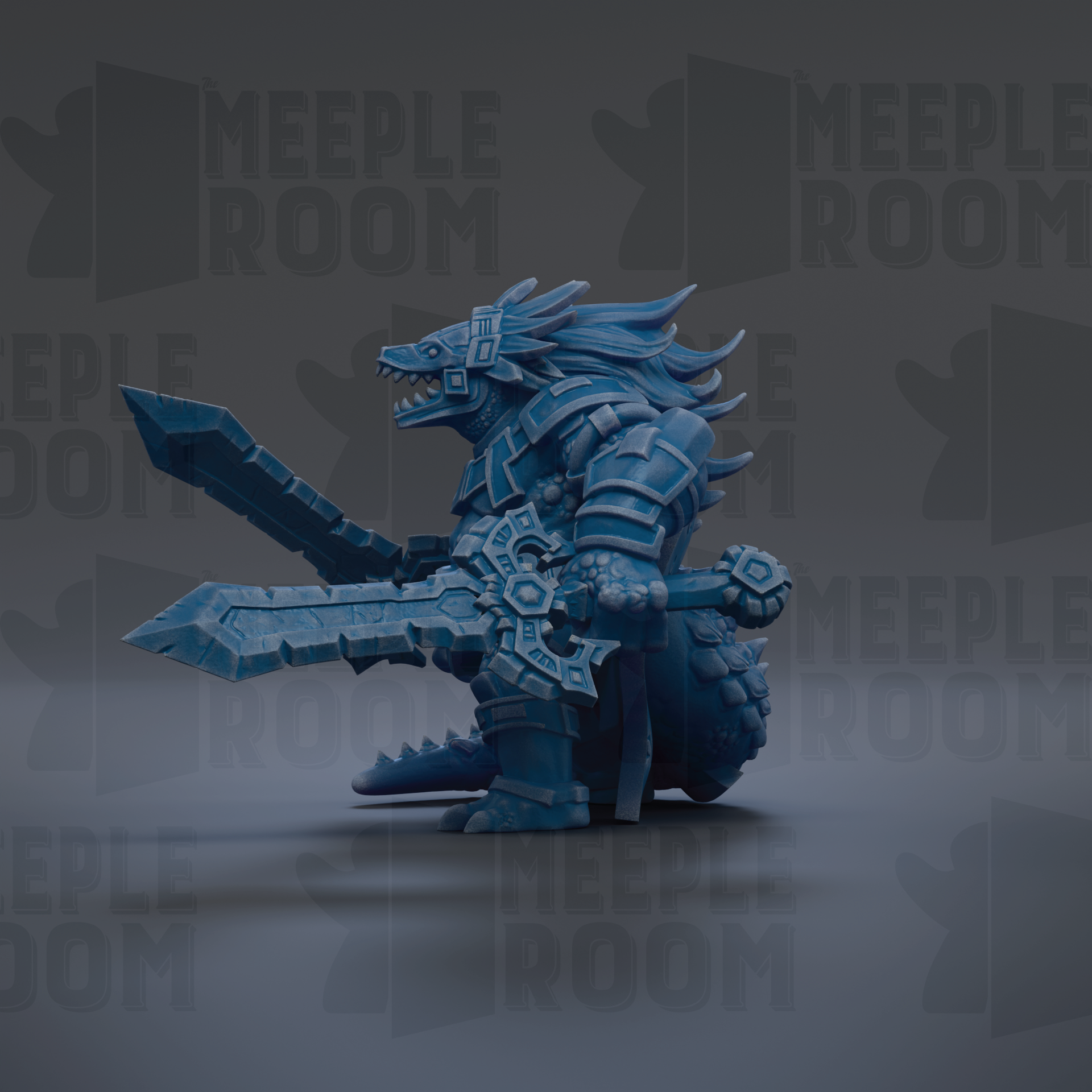 A blue, armored fantasy creature with a fierce expression and a large sword in its hands, set against a dark background with repeated text.