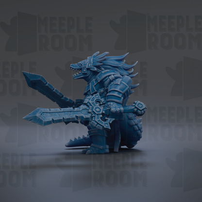 A blue, armored fantasy creature with a fierce expression and a large sword in its hands, set against a dark background with repeated text.