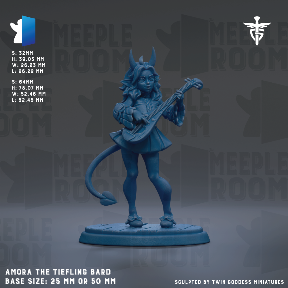 a figurine of a female character playing a guitar, with the character's name being "AMORA THE TIELING BARD". The figurine is described as a base size of 25mm or 50mm. The background of the image has the text "MEPLE ROOM" repeated multiple times, suggesting that the image is part of a larger collection or series.