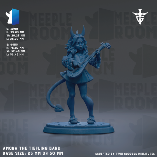 a figurine of a female character playing a guitar, with the character's name being "AMORA THE TIELING BARD". The figurine is described as a base size of 25mm or 50mm. The background of the image has the text "MEPLE ROOM" repeated multiple times, suggesting that the image is part of a larger collection or series.