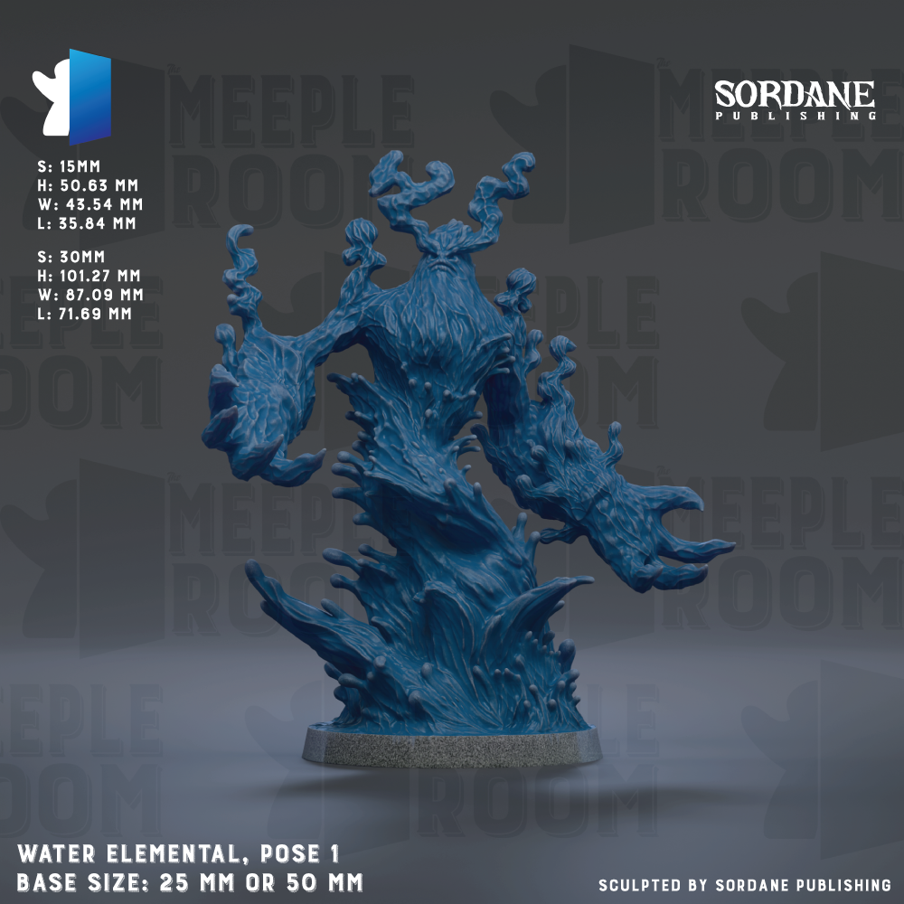 The image is a 3D rendering of a blue, fantastical creature with a wave-like form, possibly a water element or a mythical creature. The creature is shown in a dynamic pose, with its arms and legs spread out. The image is described as a "meeple room" and is published by Sordane Publishing. The base size of the figure is either 25mm or 50mm.