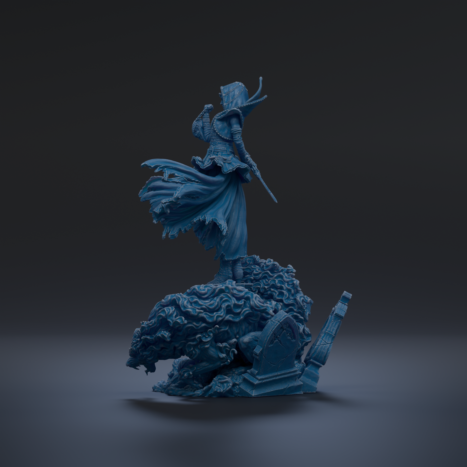 A blue, 3D-rendered statue of a figure standing on a rock, with flowing robes and a pointed hat, against a dark background.