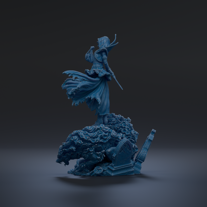 A blue, 3D-rendered statue of a figure standing on a rock, with flowing robes and a pointed hat, against a dark background.