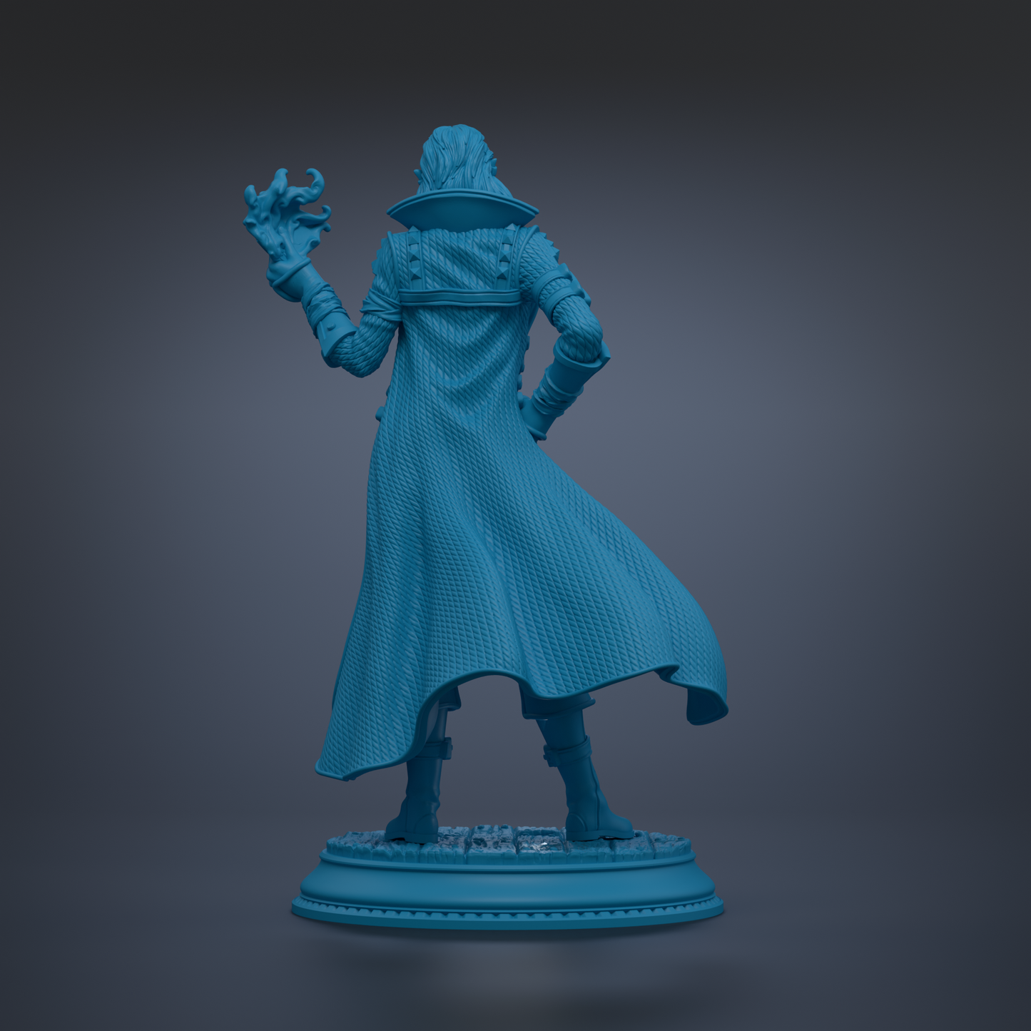 A 3D rendering of a figure in a long coat, standing on a platform and holding a weapon.