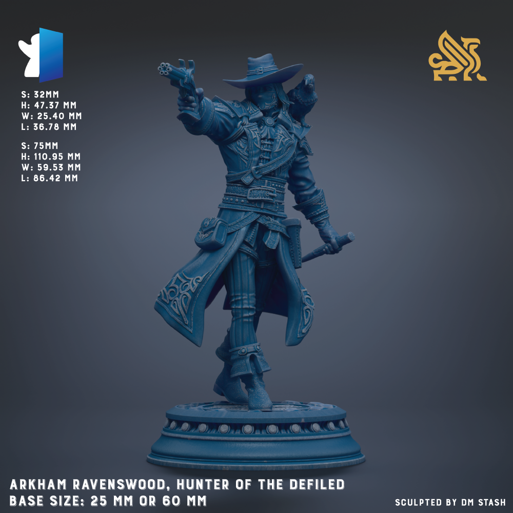 The image is a 3D rendering of a character statue of a man dressed in a long coat and hat, holding a sword and a shield, standing on a pedestal. The statue is described as being from the game "Hunter of the Defiled" and is in a blue color. The base size of the statue is either 25mm or 60mm.