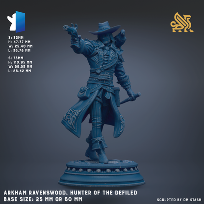 The image is a 3D rendering of a character statue of a man dressed in a long coat and hat, holding a sword and a shield, standing on a pedestal. The statue is described as being from the game "Hunter of the Defiled" and is in a blue color. The base size of the statue is either 25mm or 60mm.