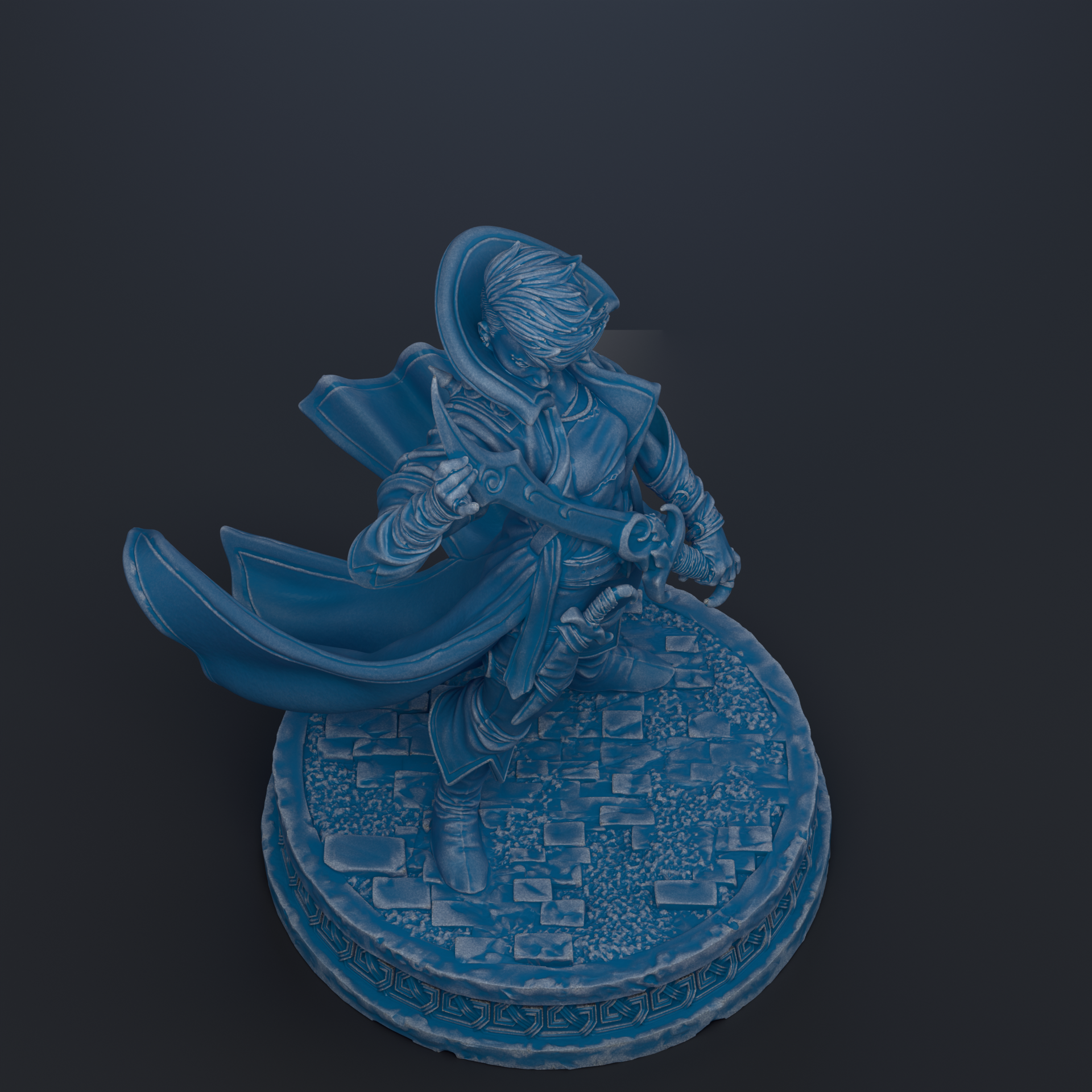A 3D rendering of a figure in a flowing robe, holding a sword, standing on a circular base with a patterned surface.
