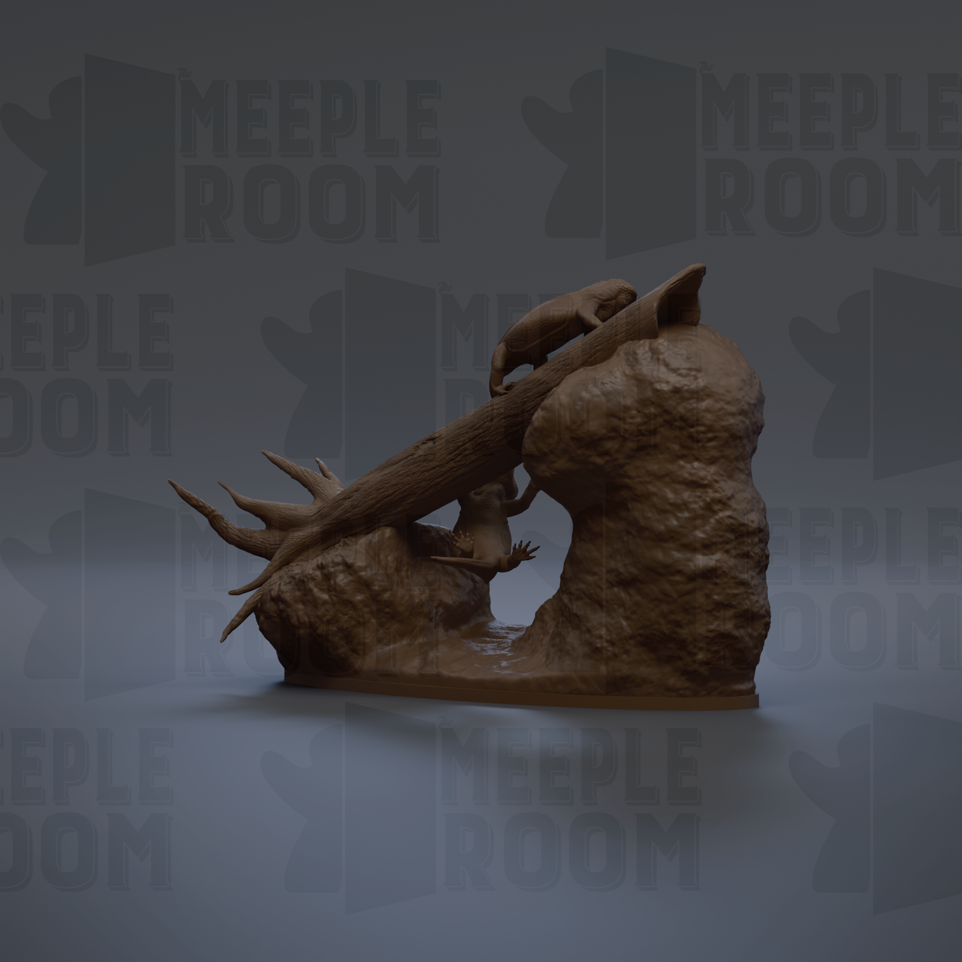 A 3D rendering of a sculpture depicting a large animal, possibly a bear or a similar creature, standing on a rock formation.