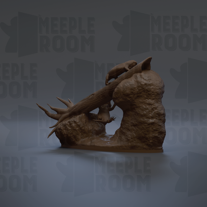 A 3D rendering of a sculpture depicting a large animal, possibly a bear or a similar creature, standing on a rock formation.