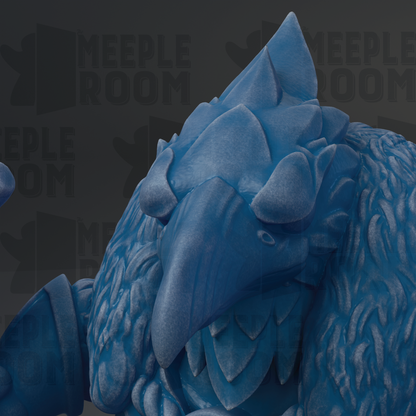 A close-up view of a blue, sculpted bird-like creature with sharp beak and intricate details.