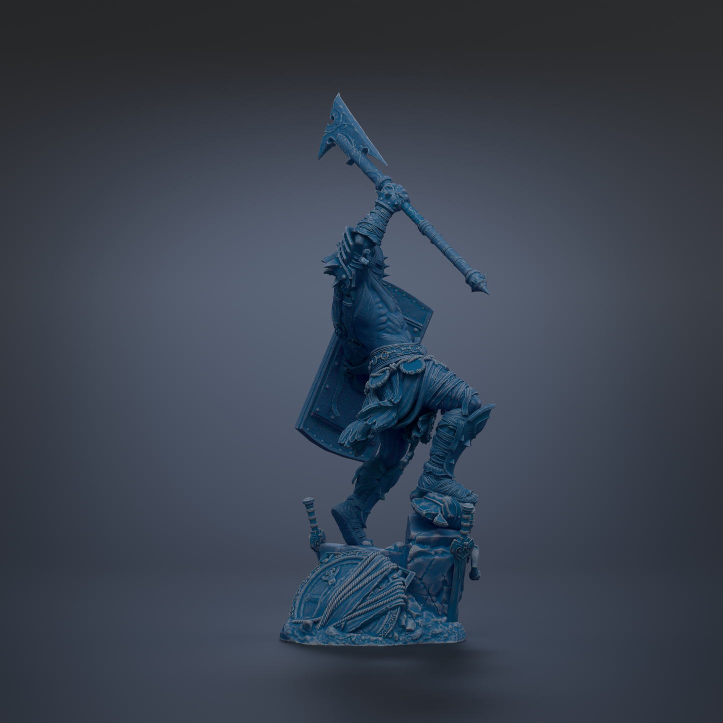 A blue, 3D-rendered statue of a warrior figure holding a large weapon and standing on a platform.