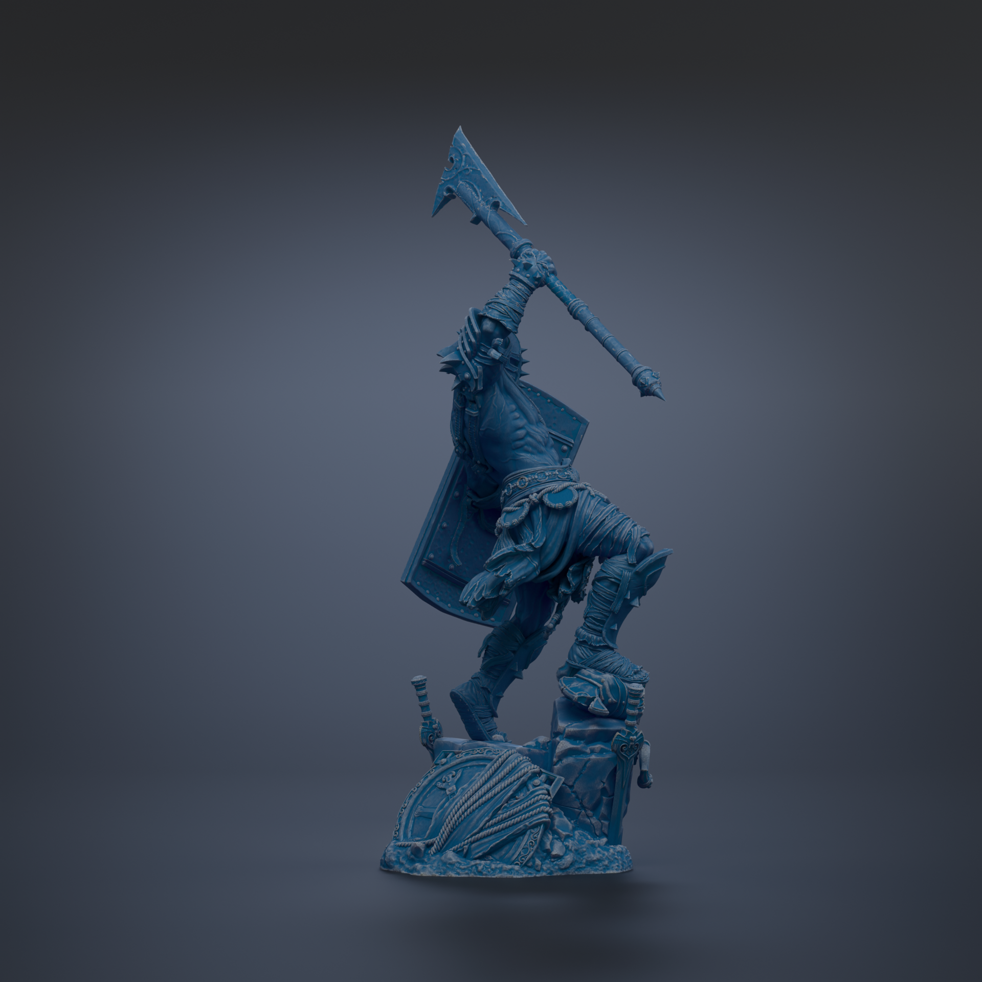 A blue, 3D-rendered statue of a warrior figure holding a large weapon and standing on a platform.
