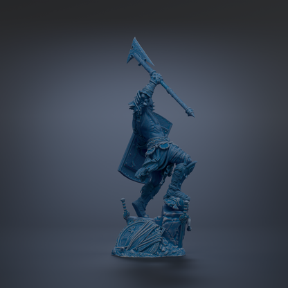 A blue, 3D-rendered statue of a warrior figure holding a large weapon and standing on a platform.