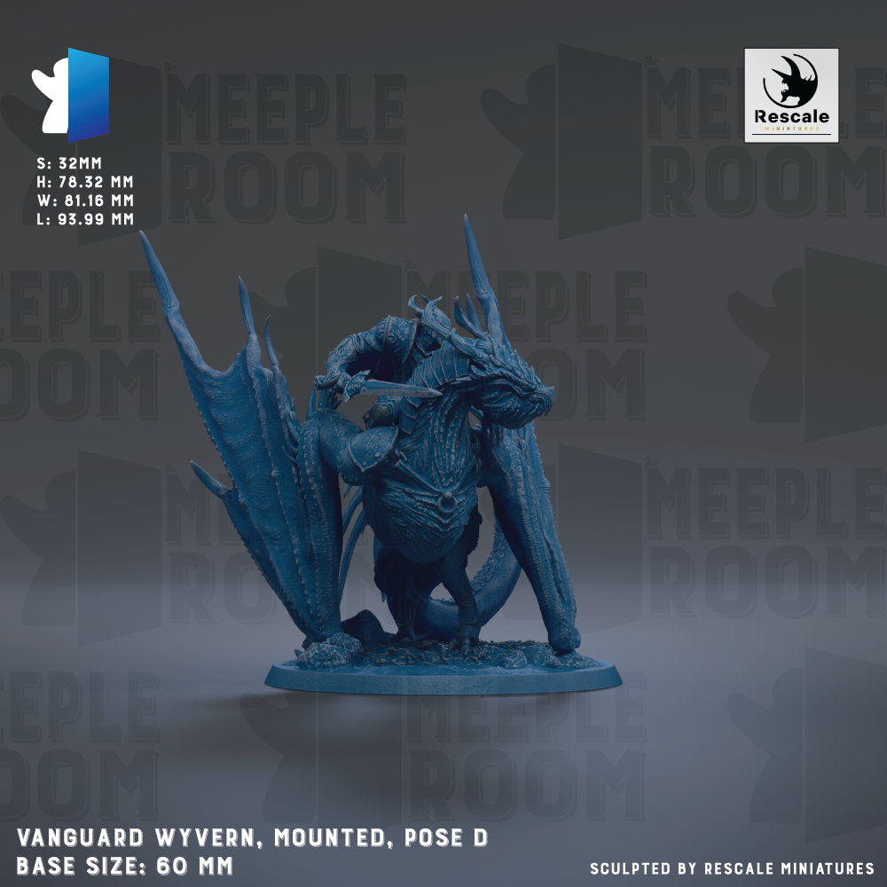 a blue dragon statue, specifically the Vanguard Wyvern, which is mounted on a base and is posed in a standing position. The statue is described as being 60mm in size and is made of a material that resembles metal. The image is a part of a larger collection of images, and it is not a single image but a collage of multiple images.