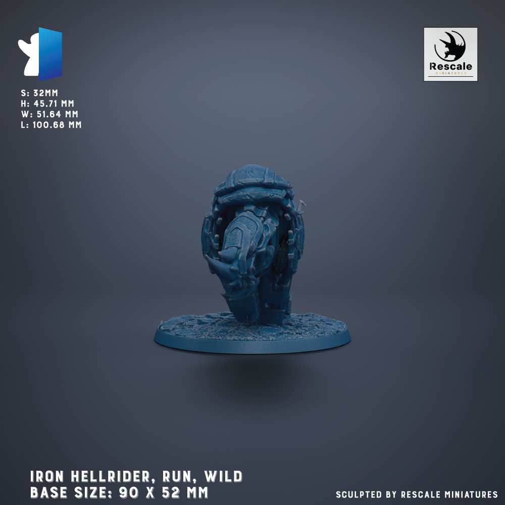 a blue figurine of an Iron Hellrider, a wild and run-like creature, with a base size of 90 x 52 mm.