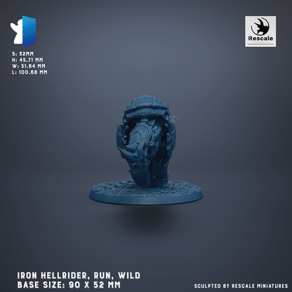 a blue figurine of an Iron Hellrider, a wild and run-like creature, with a base size of 90 x 52 mm.