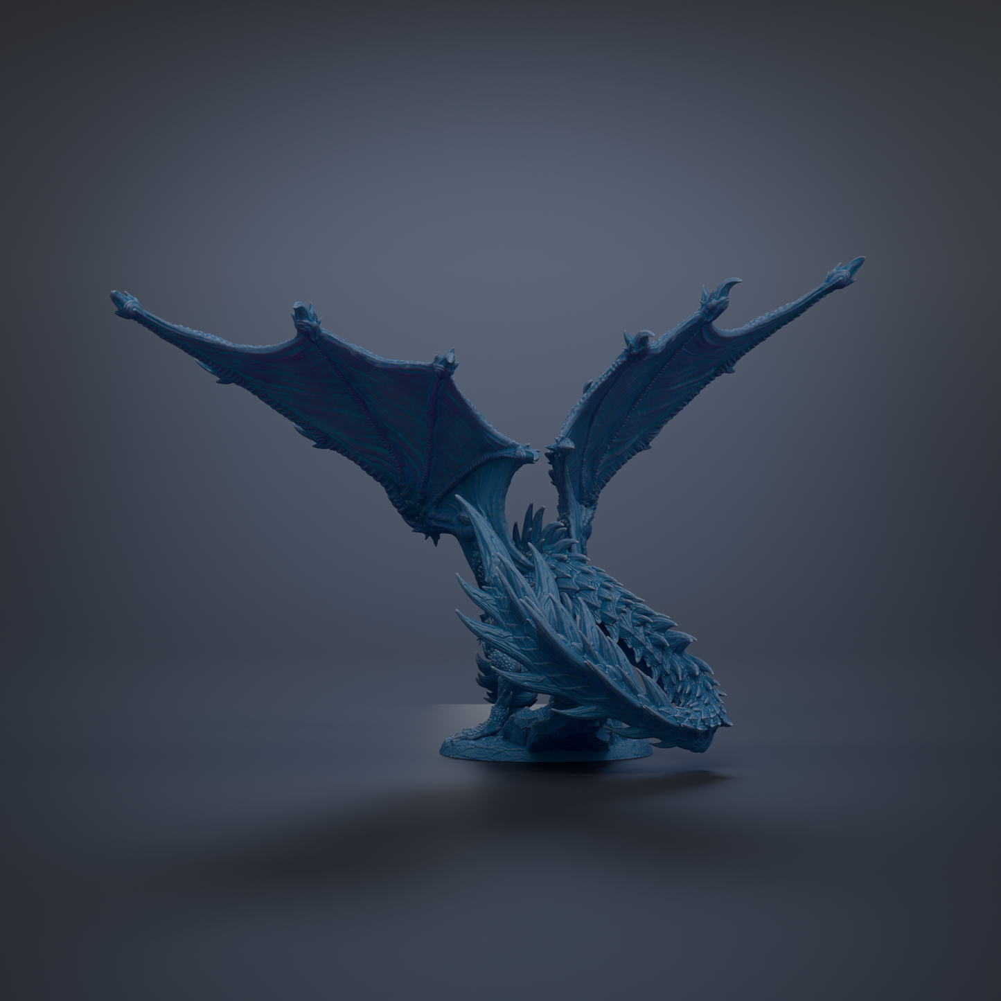 A blue dragon figurine with outstretched wings is the central focus of the image.