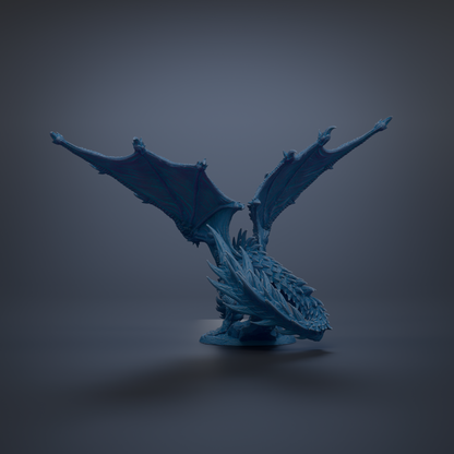 A blue dragon figurine with outstretched wings is the central focus of the image.