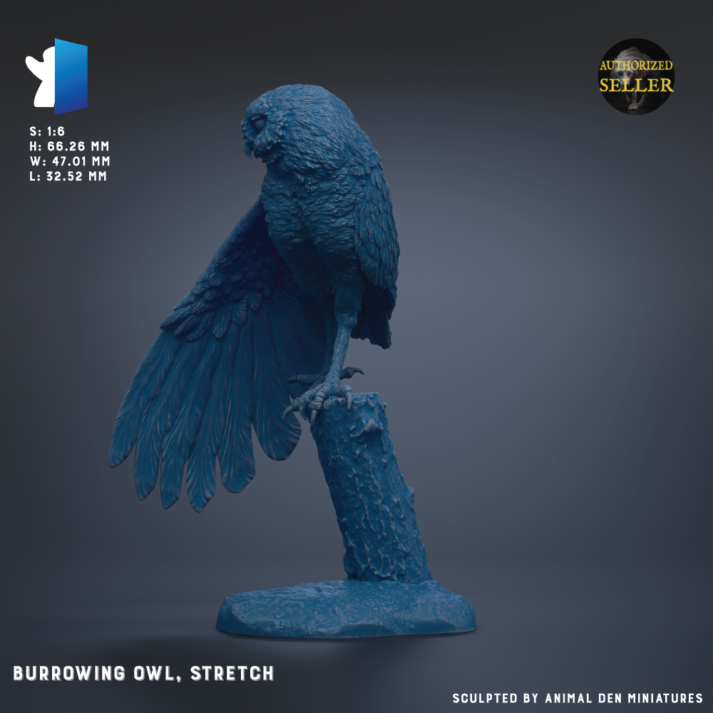 A 3D model of a burrowing owl statue, with its wings spread out, is shown against a dark background.