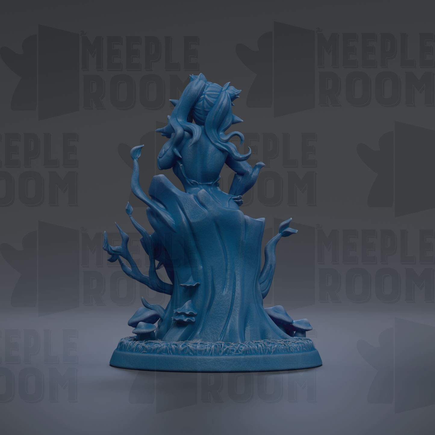 A blue figurine of a woman sitting on a tree stump, surrounded by vines and leaves, against a dark background with repeated text.