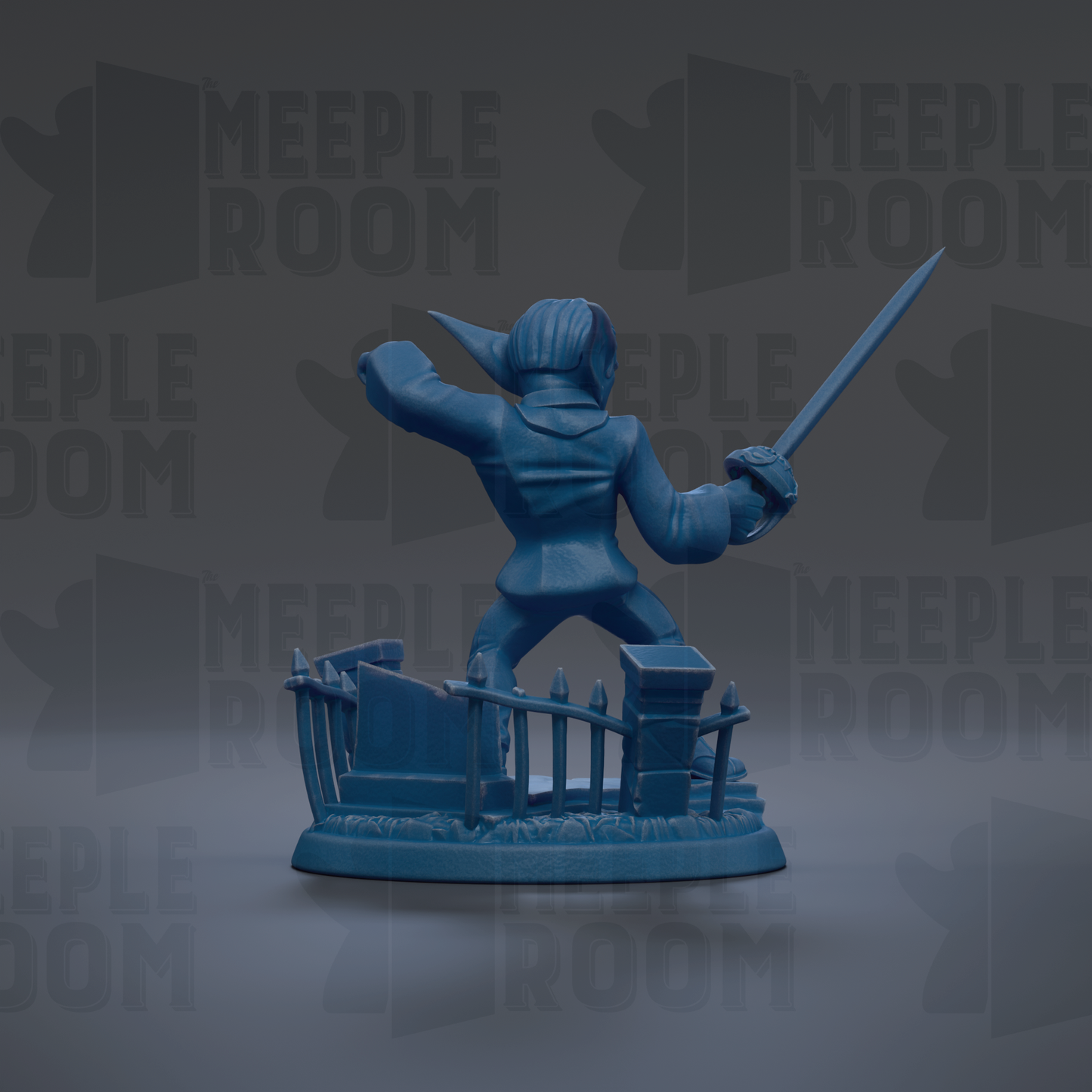A blue figurine of a pirate-like character holding a sword and standing on a base with a fence and other pirate-related objects.
