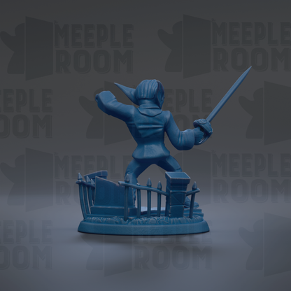 A blue figurine of a pirate-like character holding a sword and standing on a base with a fence and other pirate-related objects.