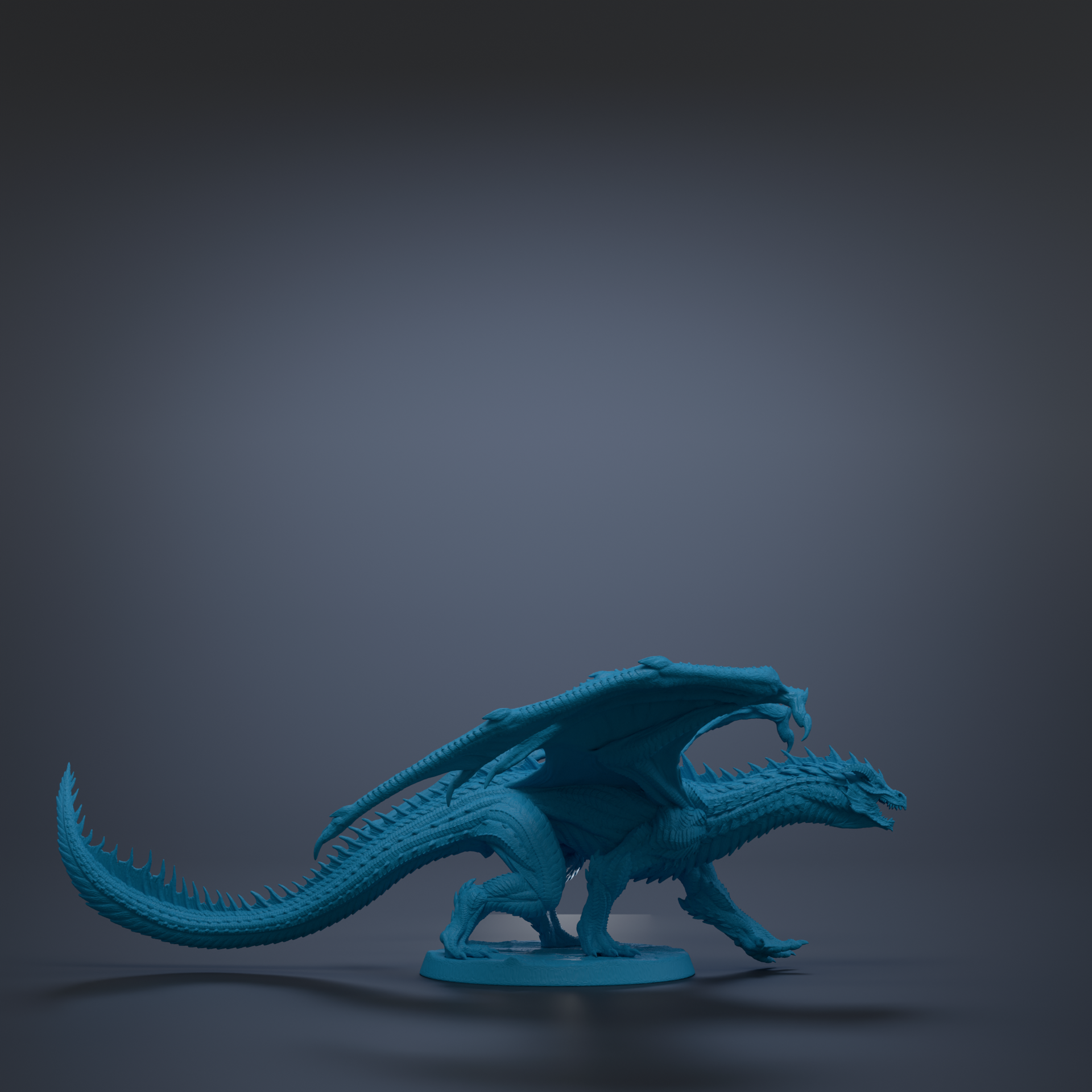 A blue dragon figurine is standing on a base against a dark background.