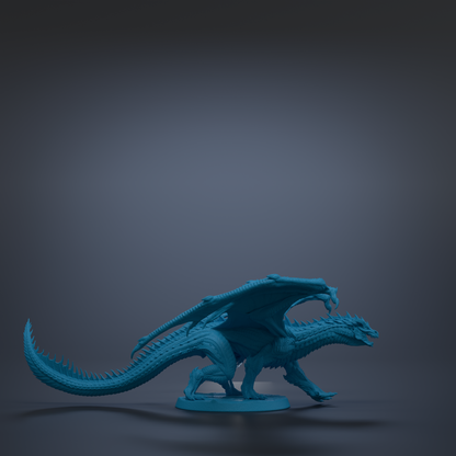 A blue dragon figurine is standing on a base against a dark background.
