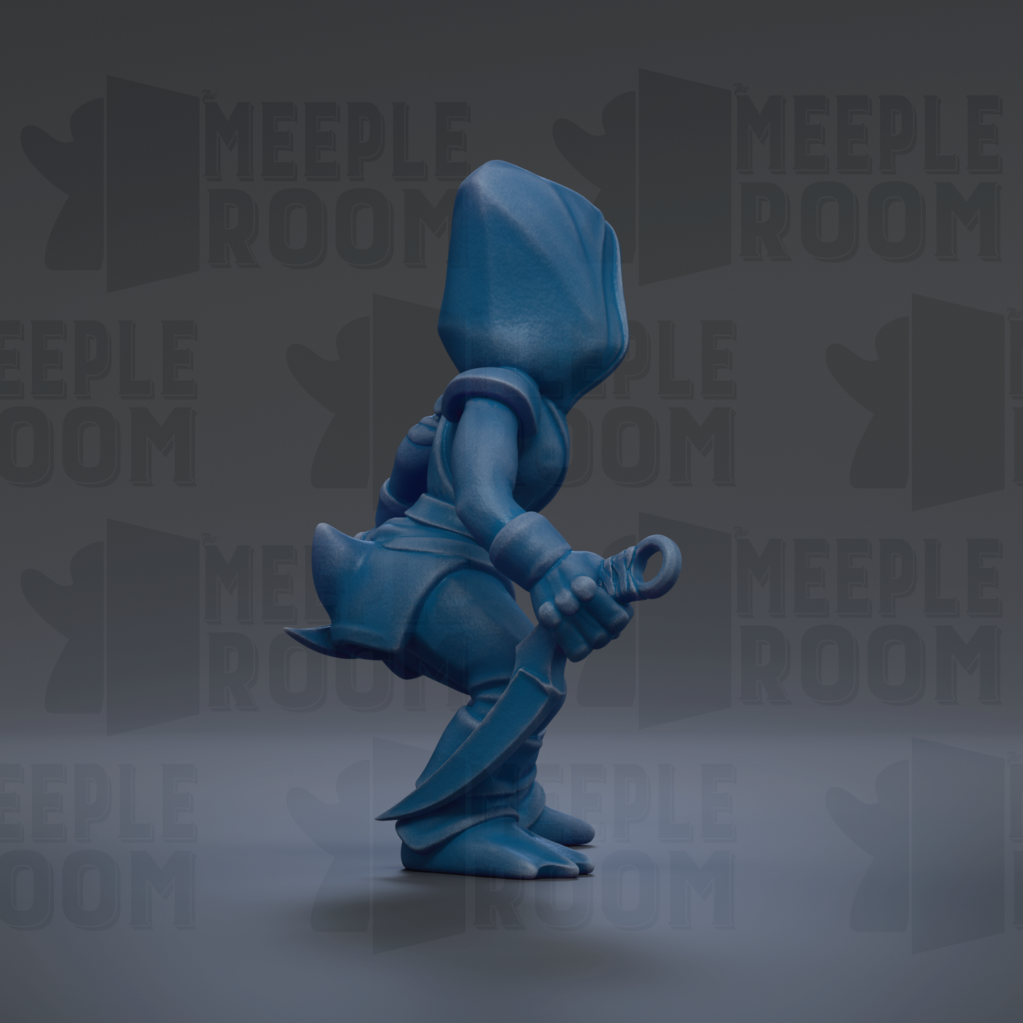 A blue, cartoonish figure holding a weapon and standing in a defensive stance against a dark background with repeated "MEEPLE ROOM" text.