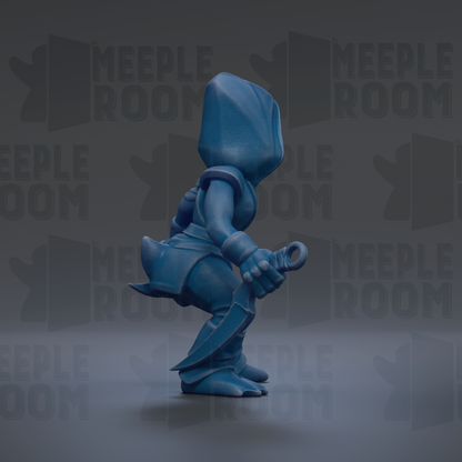 A blue, cartoonish figure holding a weapon and standing in a defensive stance against a dark background with repeated "MEEPLE ROOM" text.