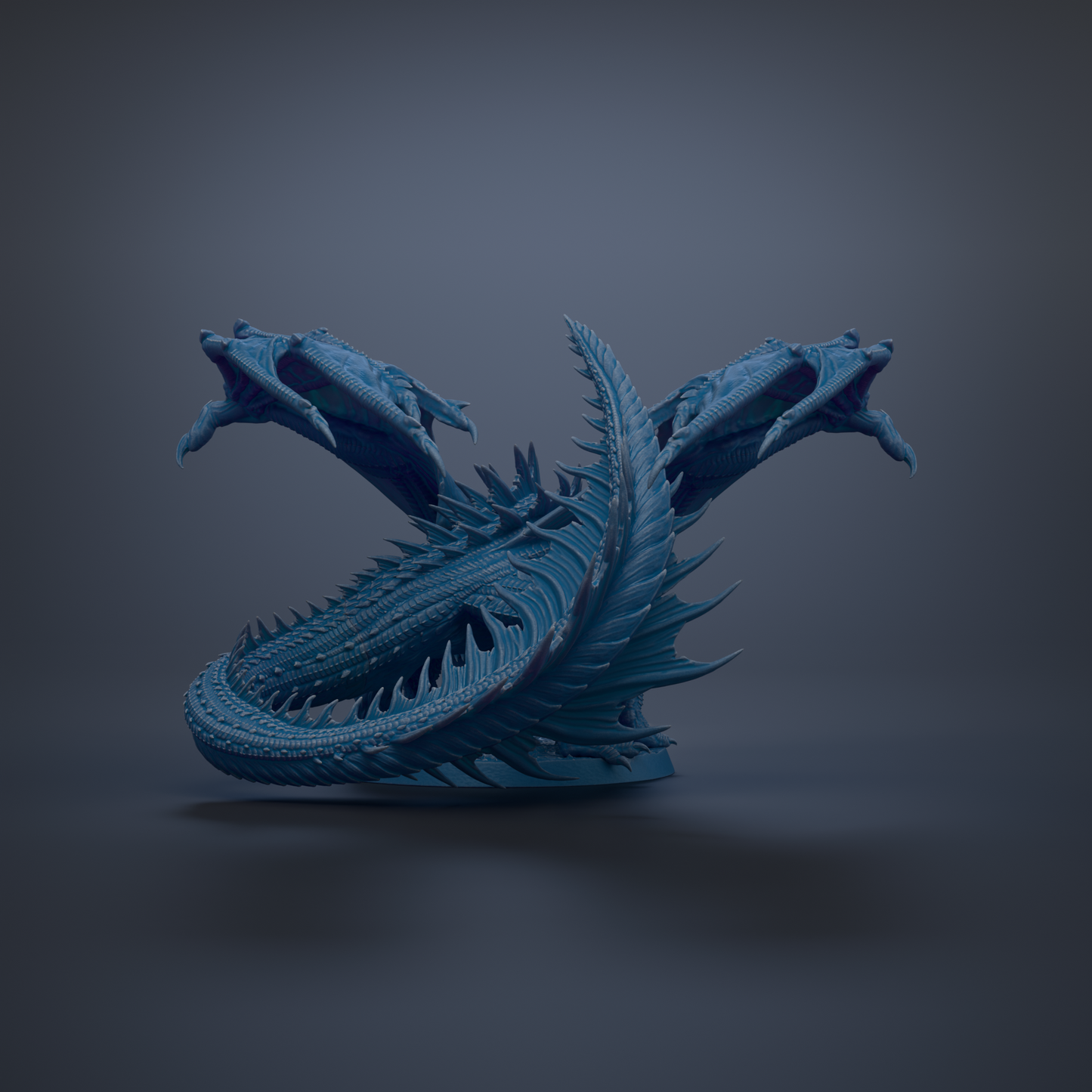 A 3D rendering of a blue, fantastical creature with sharp teeth and a curled body, set against a dark background.