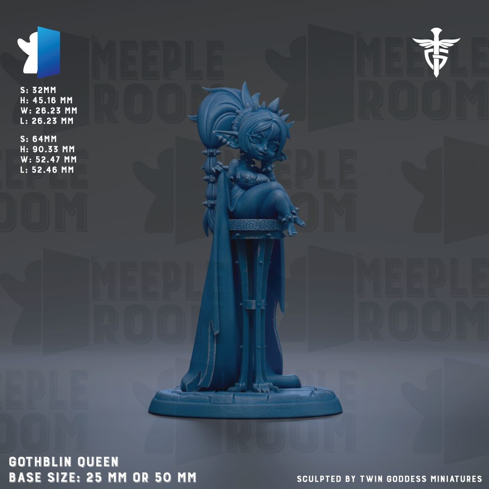 a blue statue of a female character, likely a queen or goddess, with a crown and ornate headdress. The statue is displayed on a pedestal, and the background has the text "MEIPLE ROOM" repeated multiple times. The base size of the statue is either 25mm or 50mm.