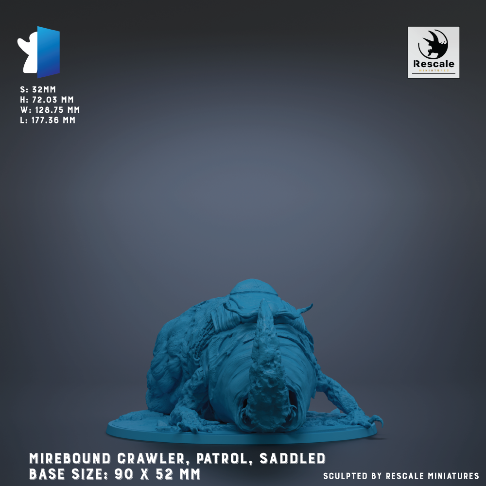 The image is a detailed model of a Mirebound Crawler, a type of armored vehicle used by the Mireboundians, with a base size of 90 x 52 mm.