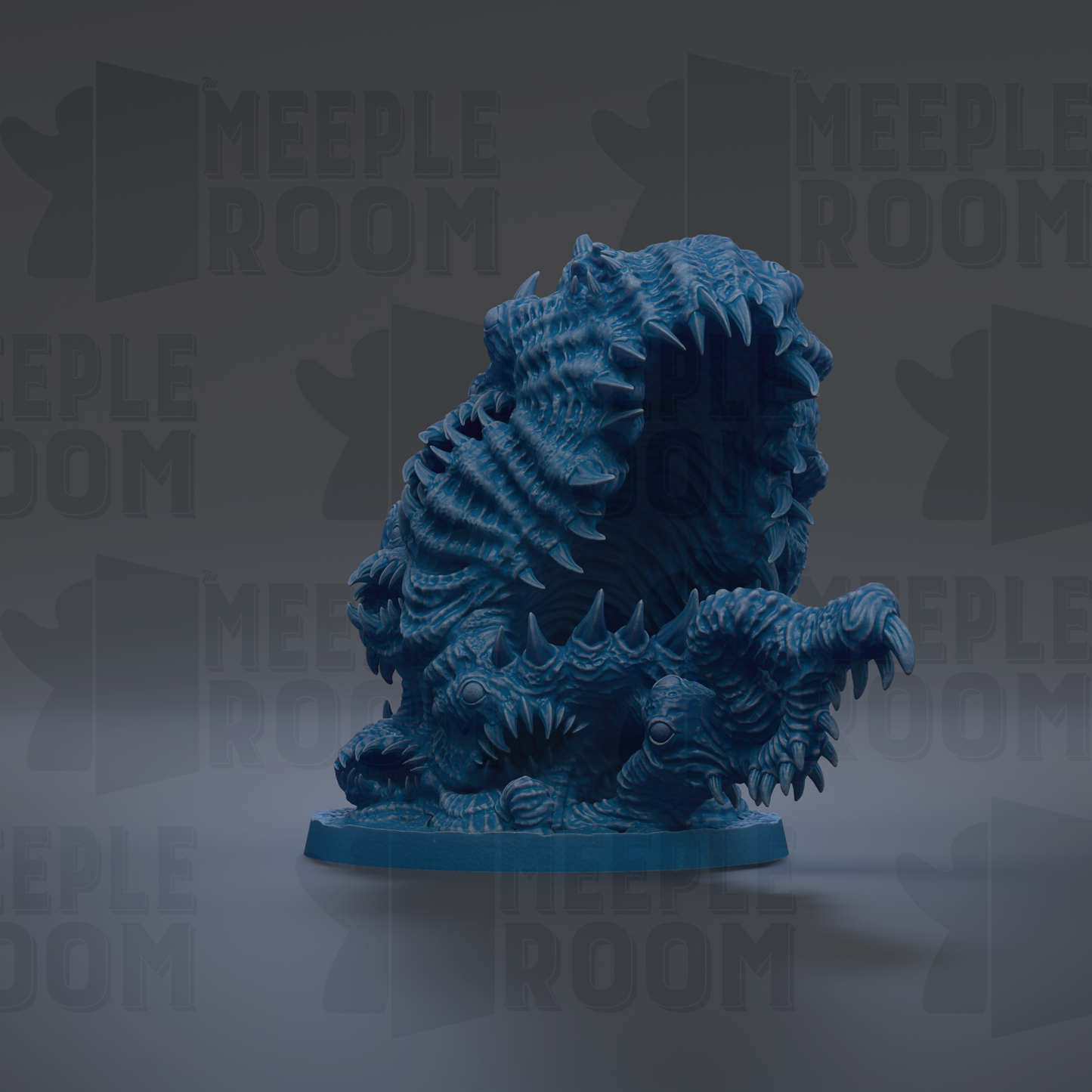 A 3D rendering of a blue, monster-like creature with sharp teeth and claws, sitting on a base.