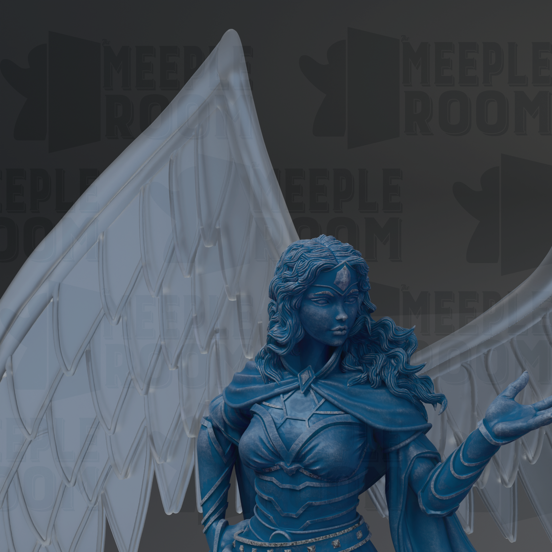 A statue of a woman with long hair and a blue outfit, standing in front of a large winged structure.