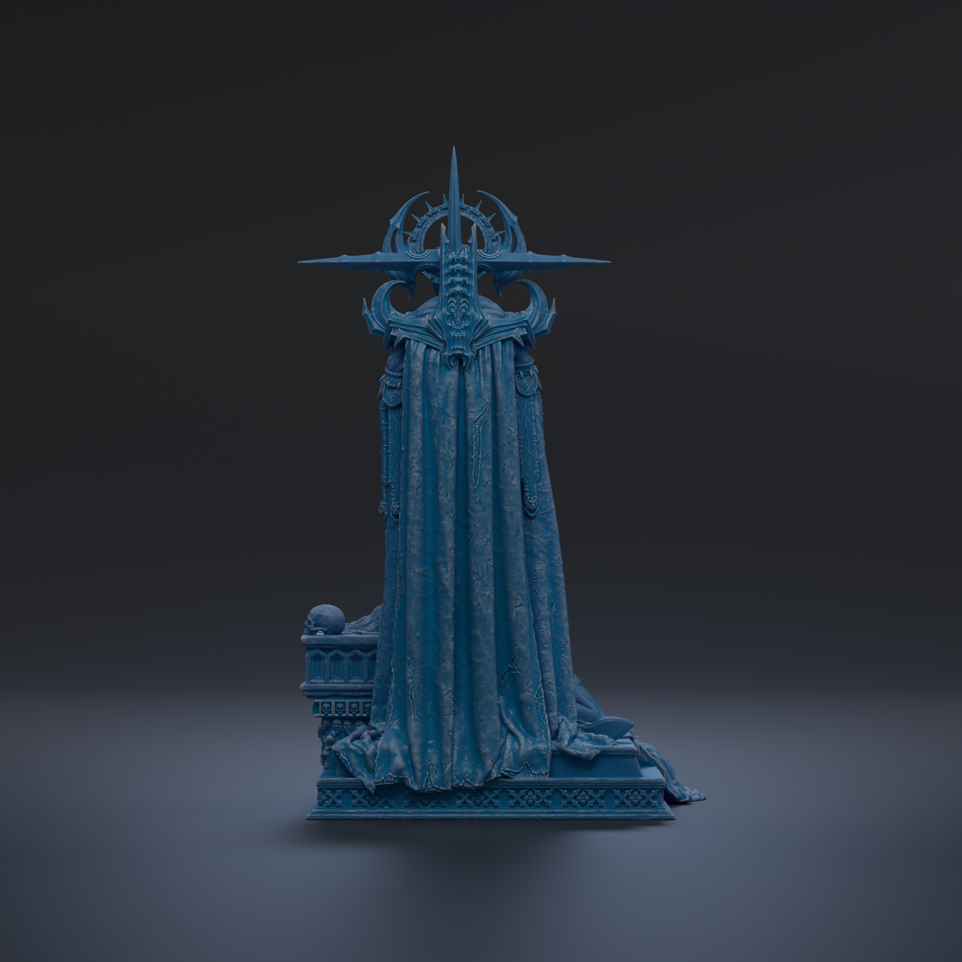 A dark blue, ornate statue with a pointed top and intricate designs, standing alone against a dark background.