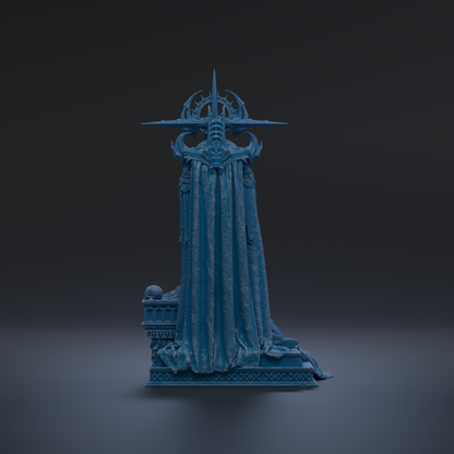 A dark blue, ornate statue with a pointed top and intricate designs, standing alone against a dark background.