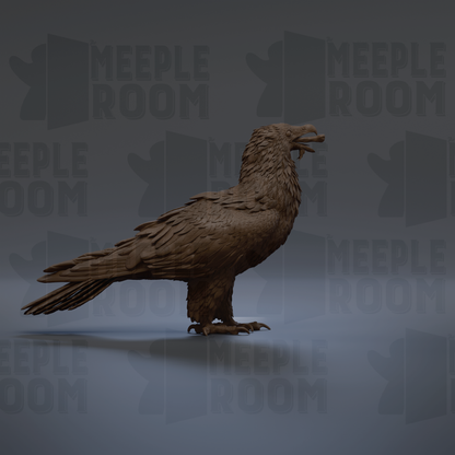 A 3D rendering of a large brown bird, possibly a hawk or an eagle, standing on one leg against a dark background with repeated text.