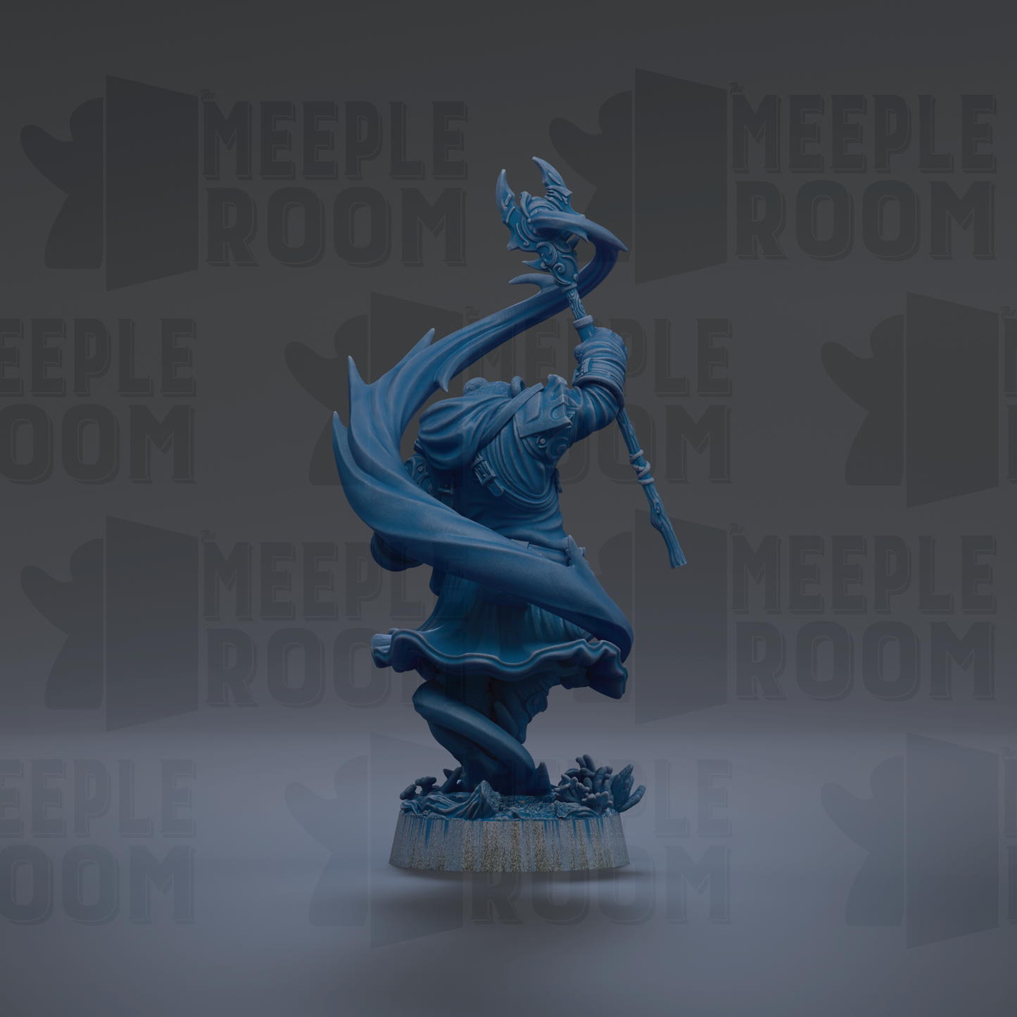 A blue statue of a figure holding a staff and sword, standing on a base with a flowing cape, against a dark background with repeated text.