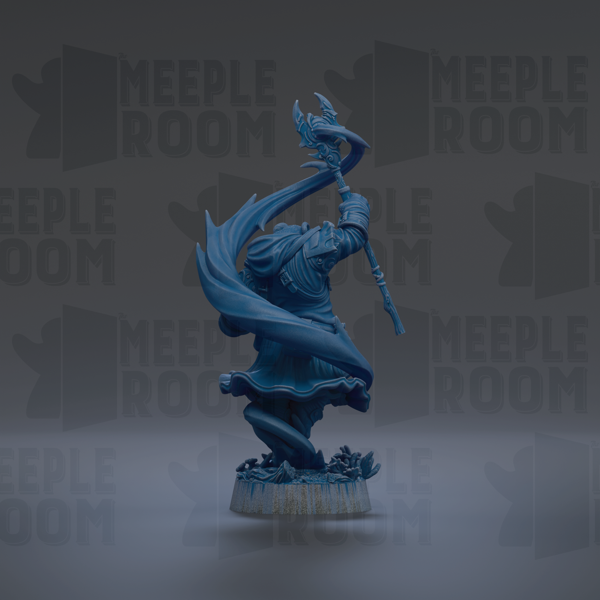 A blue statue of a figure holding a staff and sword, standing on a base with a flowing cape, against a dark background with repeated text.