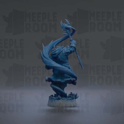 A blue statue of a figure holding a staff and sword, standing on a base with a flowing cape, against a dark background with repeated text.