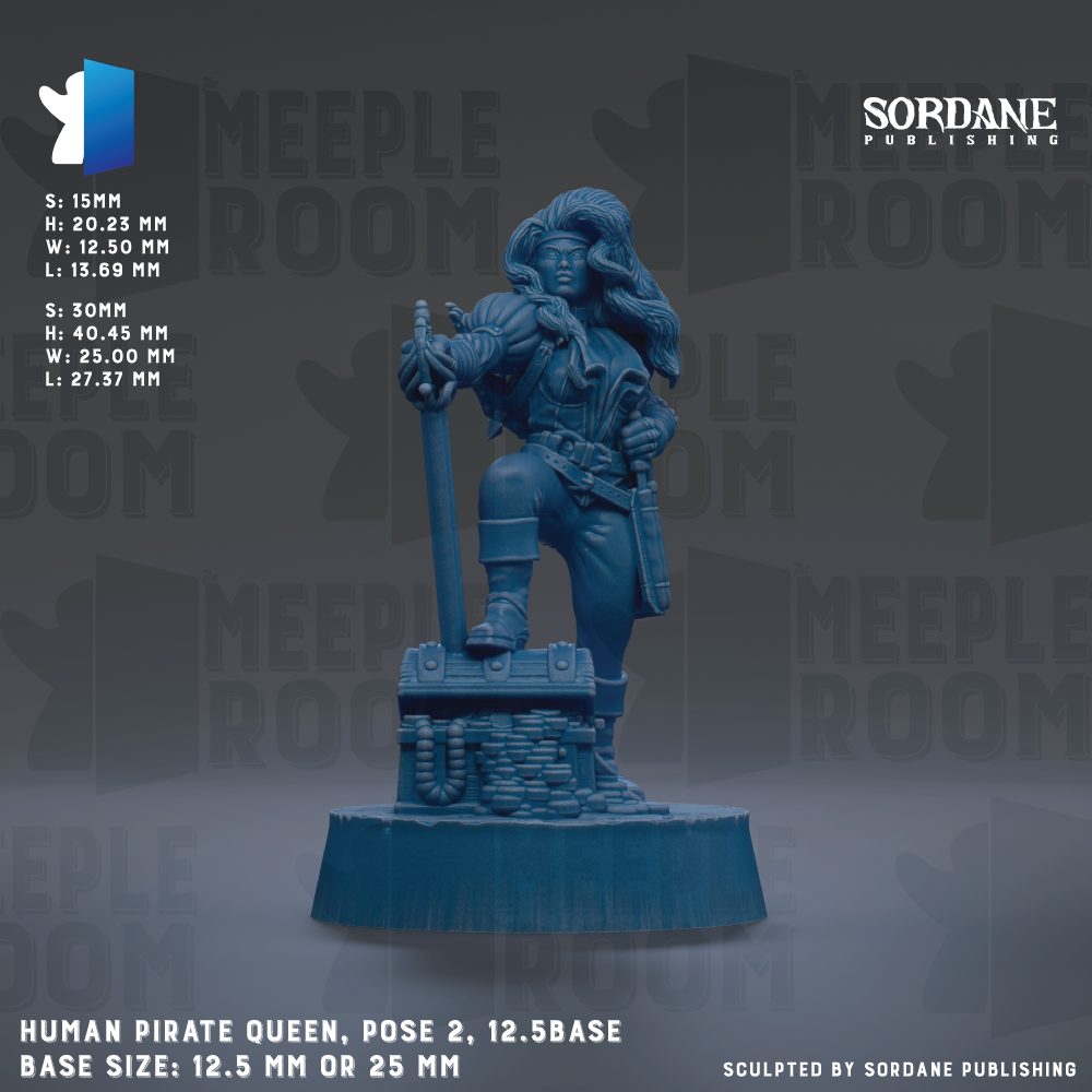 a blue figurine of a human pirate queen, posing on a base. The figurine is described as a "Human Pirate Queen, Pose 2, 12.5Base" and has a base size of either 12.5 mm or 25 mm. The background of the image is a dark blue color with the words "MEEPLE ROOM" repeated multiple times.