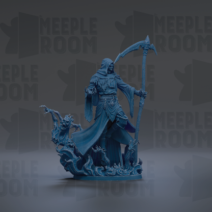 A dark blue, 3D-rendered statue of a figure holding a staff and a staff-like weapon, standing on a platform surrounded by flames and other fantastical elements.