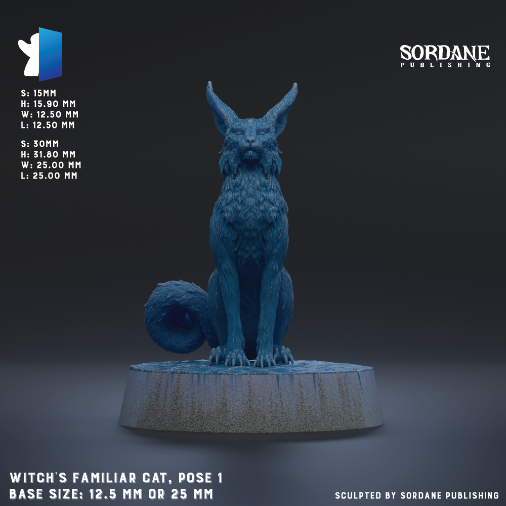 a figurine of a familiar cat, specifically a witch's familiar cat, posed on a base size of 12.5 mm or 25 mm.