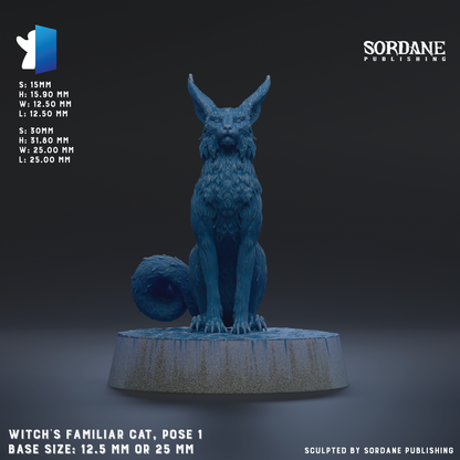 a figurine of a familiar cat, specifically a witch's familiar cat, posed on a base size of 12.5 mm or 25 mm.