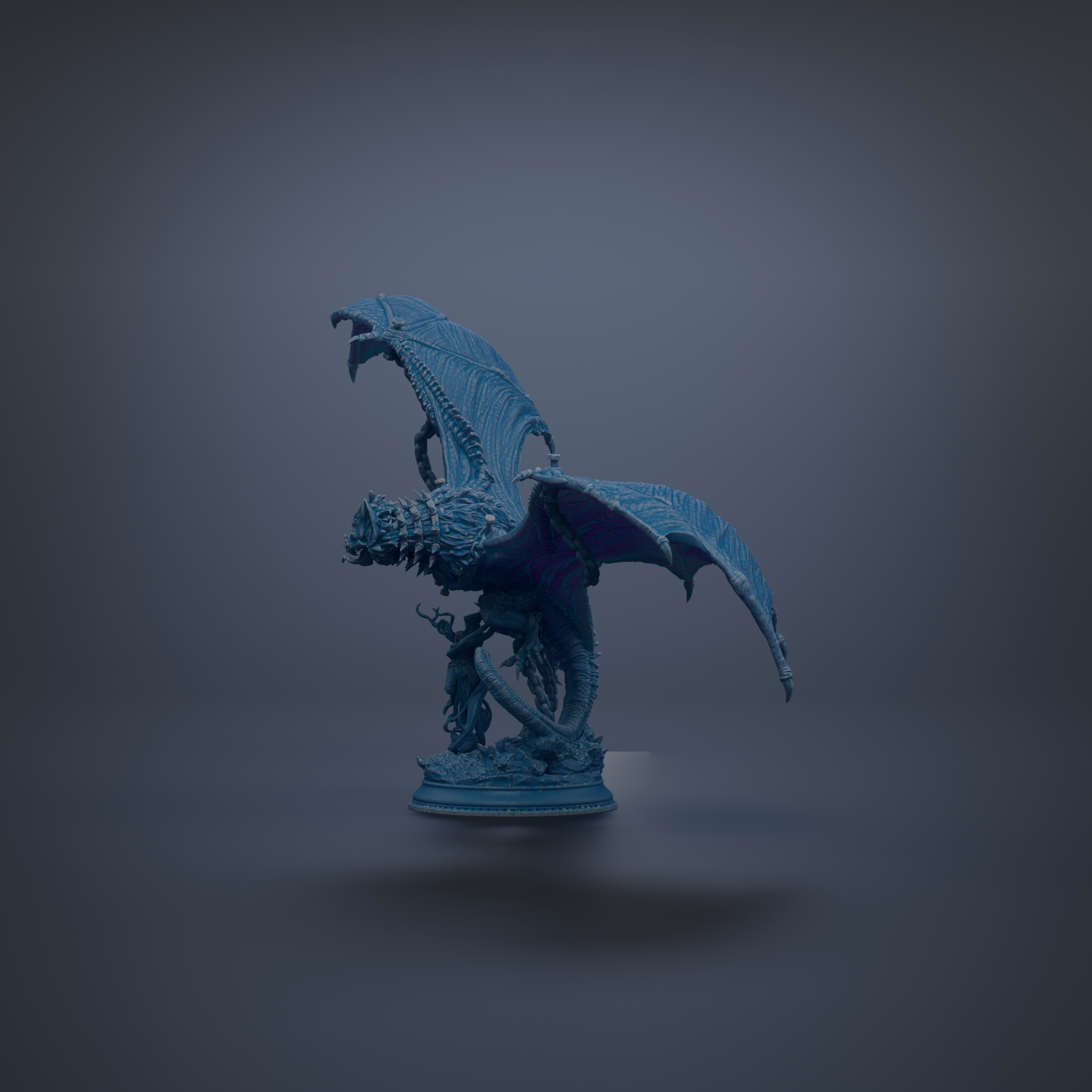 A blue dragon figurine with outstretched wings stands on a pedestal against a dark background.
